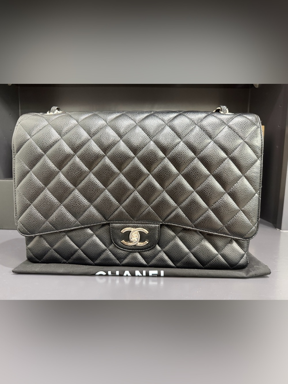 Authentic Chanel Maxi Classic Double Flap Bag – Black Caviar Leather | Silver HW